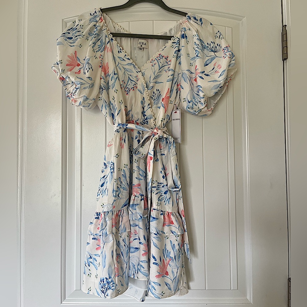 NWT- White & Blue Puff Sleeve Mini Dress